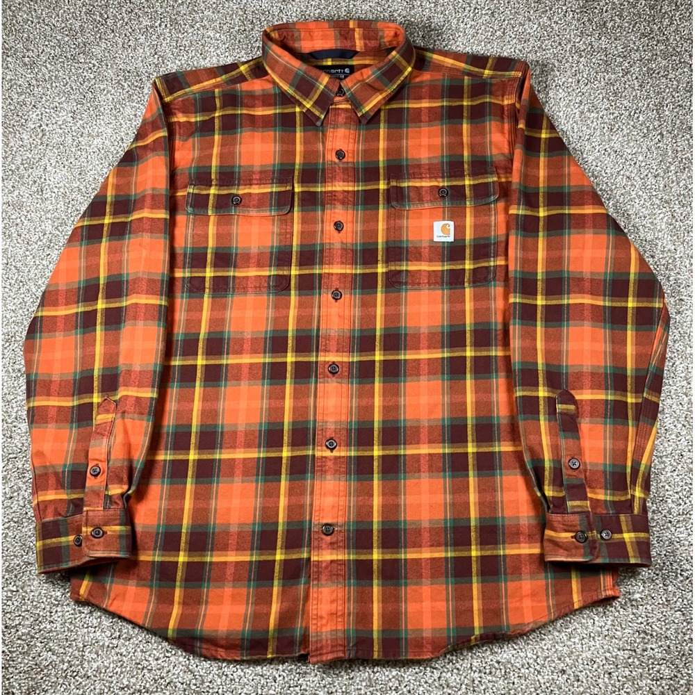 Carhartt Mens Hubbard Loose Fit Heavyweight Flannel Shirt Orange Plaid TW4451-M